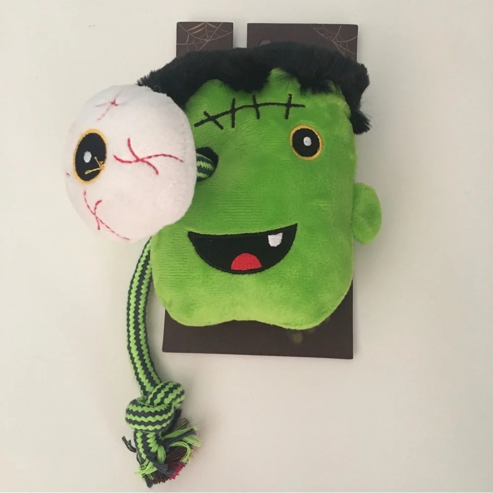 Dog Toy Green Frankenstein Plush with Rope and Eyeball Squeaker NEW